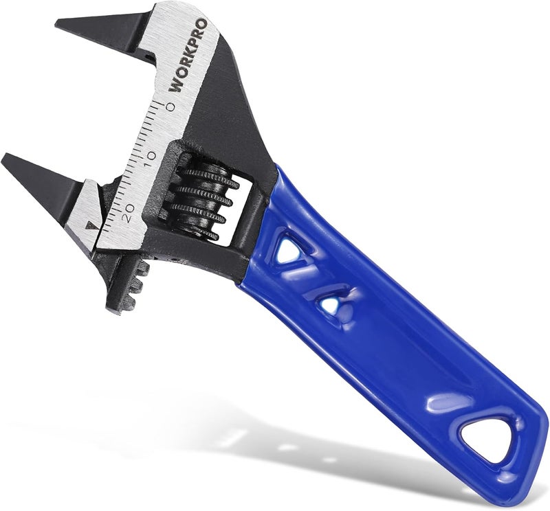 WORKPRO 4-Inch Thin Jaws Stubby Wide Opening Adjustable Wrench, Small Adjustable Wrench with 2mm Slim Jaws for Easy Access to Tight Spaces, Metric/SAE Scales, Cr-V Steel - Image 1